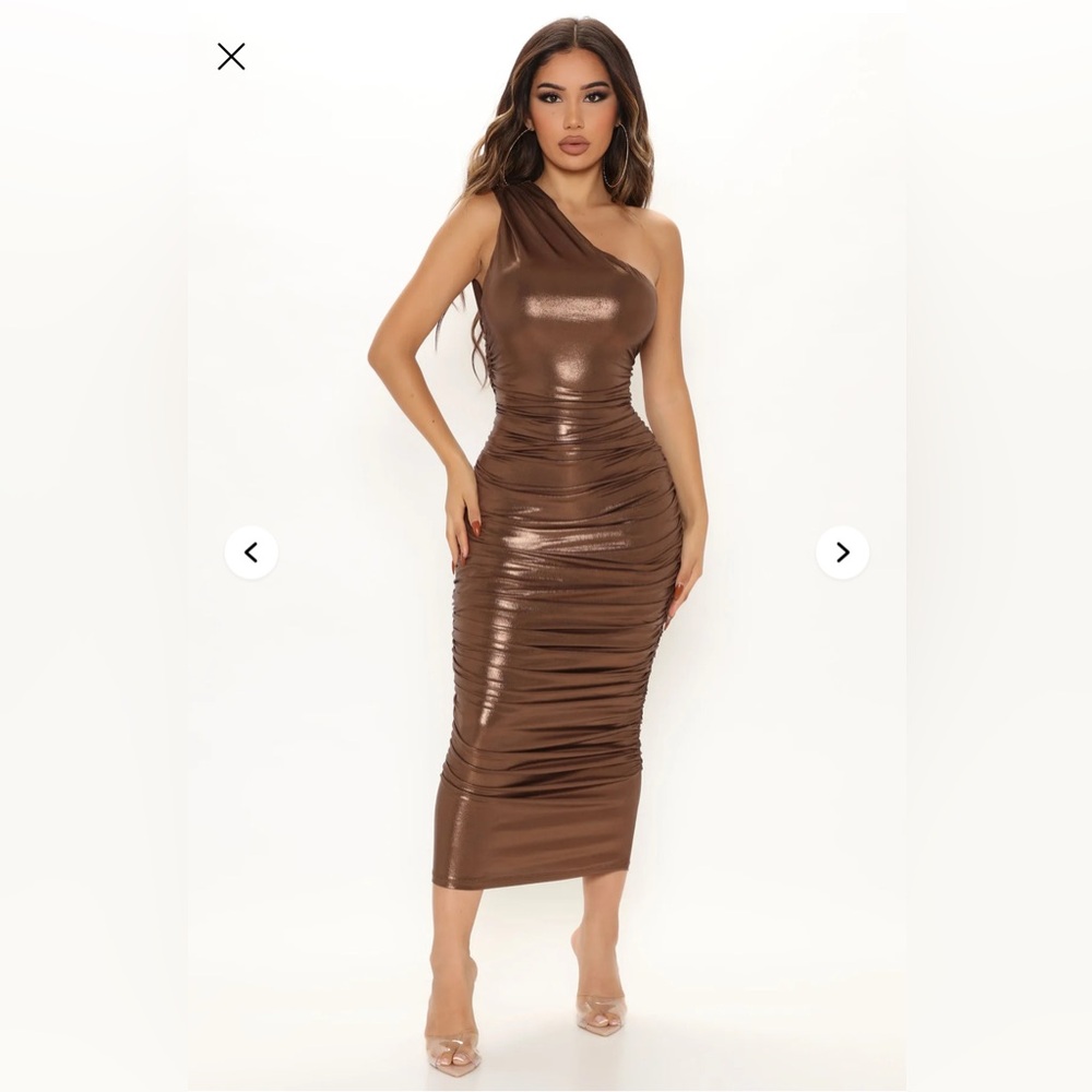 Fashion Nova Kaelynn Metallic Midi Dress - Bronze